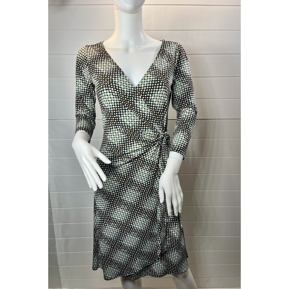 Maggie London Wrap Dress Long Sleeve Sz 8 Geometric Minimalist Modern Brown/Blue